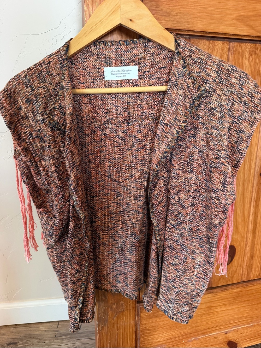 Lauretta Davidson Handwoven Artisan Vest Poncho Fringe Lagenlook Boho S/M